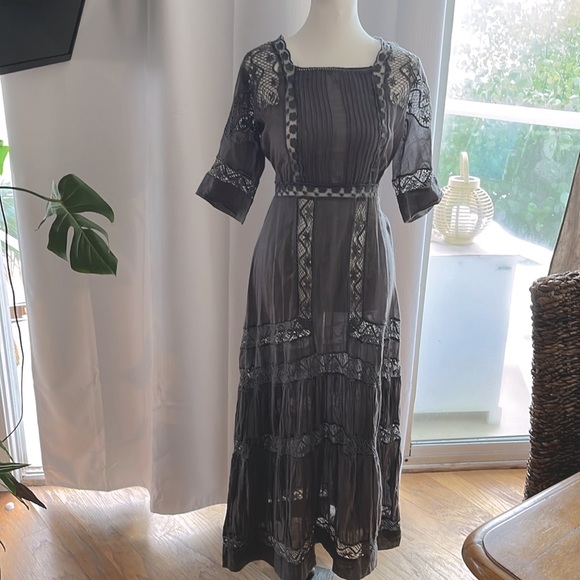 Blue Dresses & Skirts - Blue (French brand) S/M gray sheer cotton embroidery dress 3/4 sleeve NWT beauty